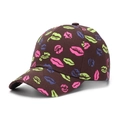 Close-up of dark brown baseball cap featuring colorful pop art lips and twill cotton texture - Coffee