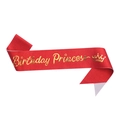 Close-up of red satin sash with golden Birthday Princess text and crown detail - Red with Gold Text and Small Crown