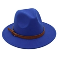 Detalle de sombrero fedora de lana azul oscuro con correa de hebilla de cuero marrón - M (56-58cm) / Azul Real (Cuerda Amarilla)