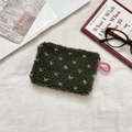 Forest green plush storage pouch with white heart pattern and pink zipper cord - Lamb Wool Heart Green