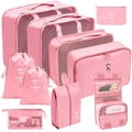 Pink 9-piece travel luggage organizer set with mesh packing cubes and laundry bags - Toiletry & Cosmetic 10-Piece Set / Pink