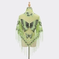 Pale green lace triangle shawl with butterfly embroidery and long matching tassels - Fluorescent Green