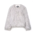 Elegant light gray faux fur coat with round neck and long sleeves in a flat lay view - XS / Gray
