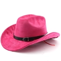 Detail eines fuchsiafarbenen Wildleder-Cowboyhuts mit Gürtelschnalle und rotem Band - M (56-58cm) / Fuchsia