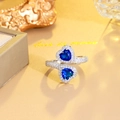 Dettaglio macro di anello in argento con due zaffiri blu a cuore su pelle dorata - Stile Cuore Blu / Blu