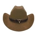 Stilvoller brauner Western-Cowboyhut mit gewebtem Ethno-Band und silbernem Stierschädel - Armeegrün