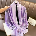Elegant lilac silk scarf with floral print and smooth satin texture for women - 90*180cm / Purple