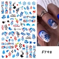 Stickers ongles Noël F798 avec feuilles bleues et baies rouges pour une manucure chic - F798 (Feuille uniquement)