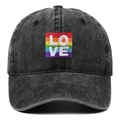 Black washed cotton baseball cap with rainbow LOVE embroidery patch for outdoor wear - One Size / Black