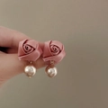 Pink satin rose earrings with hanging pearl charm and golden finish for women - Pink Satin Rose Pearl Drop Earrings (57#)