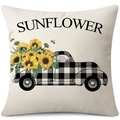 Linen sunflower pillow cover featuring a black and white buffalo plaid truck design - 45x45cm Pillow Cover / Farmhouse Truck Sunflower Market-1 (24ym1111-1)
