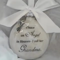 Memorial Grandma feather ball ornament with angel charm and white ribbon bow detail - Grandma
