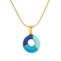 Golden snake chain necklace with a blue tricolor enamel round capsule bubble pendant - Letter O(S640G-002-O)