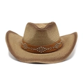 Detail of western straw hat featuring brown leather band with silver metallic diamond studs - M (56-58cm) / Coffee Gradient (5)
