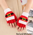 Red and white Christmas knit flip top mittens with Santa belt design and warm fingerless style - Flip Cover Half Finger Santa Belt Style / Red and White / Adult