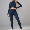 Naadloze geribbelde yogaset in marineblauw met crop top met lange mouwen en hoge taille legging - S / Donkerblauw