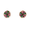 18K gold plated copper earrings with colorful zircon stones in a floral cluster design - Vintage Flower Cluster - Dark Green Center Stone