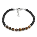 Men's Tiger Eye and Black Matte Stone Beaded Bracelet with Adjustable Lobster Clasp - Yellow Tiger Eye Style (B087)