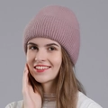 Women's knitted rabbit fur beanie in light lavender with ribbed cuff for winter - Fuschia