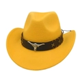 Detail of yellow felt cowboy hat featuring silver bull head metal ornament and brown band - One Size / Yellow