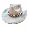 Iridescent snake pattern western cowboy hat with seashell decorative trim on white background - White