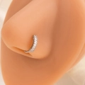 Detailed view of silver leaf nose ring with sparkling crystals on female model - Single Row Diamond Style (E4749-3)