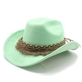 Detail of mint green suede cowboy hat with fringe tassel and braided leather cord trim - M (56-59cm) / Fluorescent Green