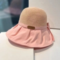 Pink fabric and straw spliced sun hat with side bow decoration and brand logo label - Pink Leather Label