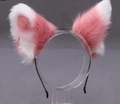 Handmade Lolita cat ears headband in pink and white faux fur on a black thin hair hoop - Watermelon Red plus White