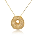 Close-up of golden bubble letter necklace pendant with micro-paved sparkling crystals - Letter O (D1079-O)