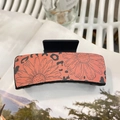 Detail of bohemian rectangle hair claw with coral daisy and leopard print pattern - Approx 10.5cm / Black - Orange Floral Sunflower