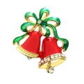 Christmas bell brooch with green bow and sparkling crystals on golden alloy base - Christmas Bell