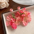 Detail of pink fabric flower earrings with green beads in a beige jewelry box - Pink Fabric Small Rose Tassels (2#)