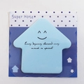 Blue house-shaped sticky notes with smiley face and inspirational quote on card back - House