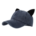 Navy blue washed denim baseball cap featuring playful black cat ears and a curved brim - Navy Blue
