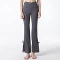 Dark grey cross high waist flare yoga pants with side slit and bow tie details - Iron Grey