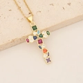 Collana in rame placcato oro 18K con ciondolo a croce in zircone colorato su pietra - Croce Pavé con Sfumatura Multicolore (5#)