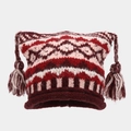 Fair Isle gebreide muts met kattenoren kwastjes en etnisch geometrisch jacquardpatroon - Bordeauxrood