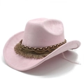 Pink suede cowboy hat detail featuring decorative woven rope and golden chain with tassels - M (56-59cm) / Pink