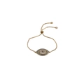 Detailansicht eines goldenen Evil Eye Schiebearmbandes mit blau-schwarzen Steinen - Goldene Boxketten-Stil