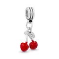Macro view of a red enamel cherry charm with silver leaves for DIY charm bracelets - 14-Red Cherry