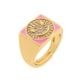 Pink enamel square ring with golden smiley face and pavé zircon stones on 18K gold band - US 7 / Pink Square Micro-pave Smiley