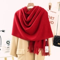Thick solid red cashmere scarf with fringe details for winter warmth, variant style - Thickened 300g Tassel Shawl / 200x70cm / Burgundy