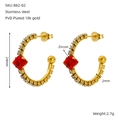 Vintage stainless steel C-shaped earrings in gold finish with red zircon stones - Red Zirconia