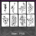 Set of 8 waterproof floral and butterfly temporary tattoos in minimalist black line art - Sexy Flower