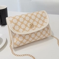 Cream white crossbody bag with vintage floral pattern and clover gold chain - White