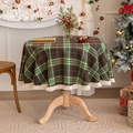 Round Christmas tablecloth with dark brown and green plaid and beige fringe trim - British Green Plaid Round