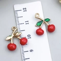 Red enamel cherry pendant with golden stems and green leaves for DIY jewelry making - Small Drip Oil Cherry (23405)