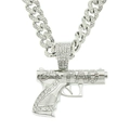 Close-up of iced-out silver pistol pendant with PAC lettering on a Cuban link chain - Gun Pendant with 50cm Cuban Chain / Silver