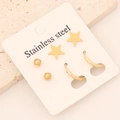 Three-pair gold stainless steel earring set with heart, star, and bead stud designs - Star Style
